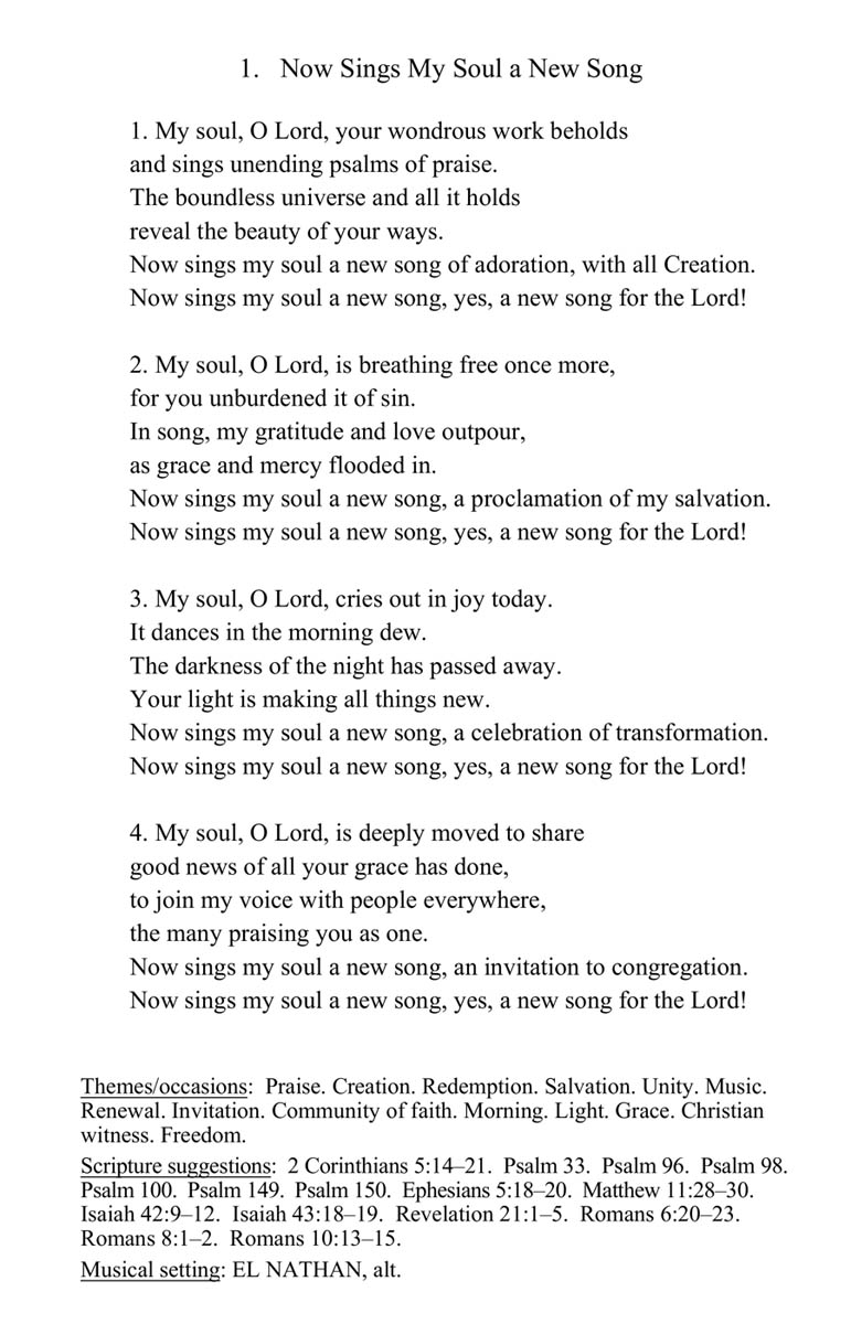 Readers Edition page with lyrics and suggested themes and Bible verses for Now Sings My Soul a New Song